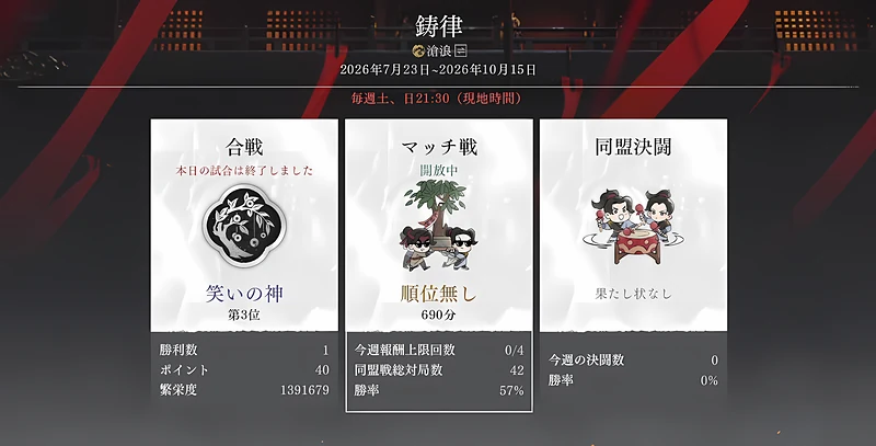 ゲーム内の同盟戦の画面　シーズン「鋳律」の期間と、毎週土・日21:30の開催時刻、合戦・マッチ戦・同盟決闘の3つのカード
